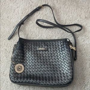 DKNY gray woven crossbody charm bag